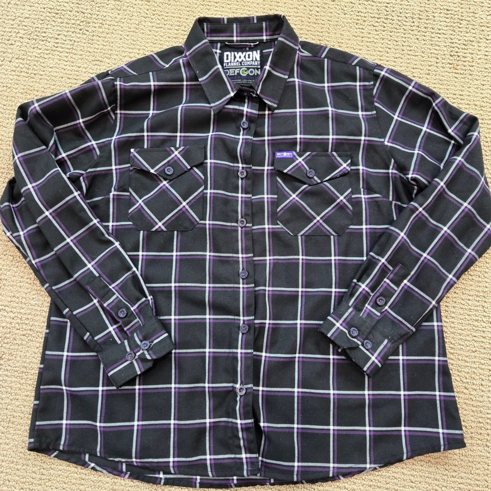 Dixxon Flannel Co Defcon Powersports Plaid Shirt Womens 2X Black Purple Work
